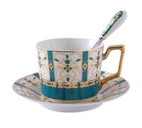 ibasenice 1juego Taza de Café de Porcelana Estilo Europeo con Platillo y Cuchara Diseño con Borde Dorado Set Resistente y Elegante para Hogar Cafetería y Restaurante