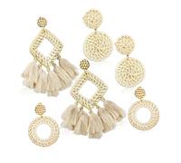 ibasenice 3 pares Pendientes de Aro de Paja para Mujer y Niña de Ligeros Tejidos Mano Estilo Bohemio con Diseño de Gota y Borlas Perfectos para Verano y Fiestas