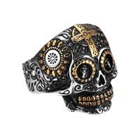 ibasenice Anillo de Calavera Cruz Tallada Retro, Color Dorado, Talla 13, Anillo Metálico para Halloween y Accesorios Divertidos de Joyería Hombre