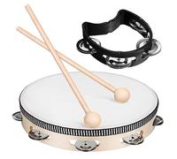 ibasenice Juego De Instrumento De Percusión De Mano Para Adultos De 10 Pulgadas, 2 Baquetas De Madera y 1 Pandereta Negra De 4 Campanas, Instrumento Portátil Para Enseñanza y Fiestas