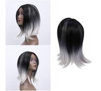 ibasenice Peluca Malla Ajustable de Fibra Resistente al Calor Sintética Efecto Ombré en Tonos Negro y Gris, Media Melena Lisa para Uso Diario Femenino