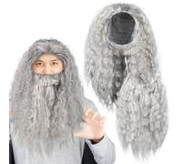 ibasenice Peluca y Barba para Cosplay de Mago Gris Conjunto de Disfraz Largo Malla Transpirable Accesorio para Halloween Fiesta y Carnaval Talla Única para Adultos