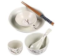 ibasenice Vajilla de Cerámica Estilo Japonés para Soltero, Juego Completo de 6 Piezas Plato, Tazón, Taza, Cuchara y Palillos, Ecológica y Fácil de Limpiar para Uso Diario