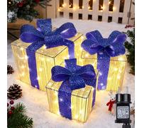 iBaycon Cajas de Regalo Iluminadas con Luces Navideñas,140 Luces Led para Exterior,Temporizador Azul,Decoraciones Navideñas,Blanco Cálido,para Exterior Jardín Césped, Paquete de 3
