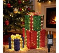 iBaycon Cajas de Regalo Iluminadas con Luces Navideñas,160 Luces Led para Exterior,Temporizador,Decoraciones Navideñas,Blanco Cálido,para Exterior Jardín Césped Patio,Paquete de 3