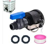 IBC - Adaptador de manguera de agua de jardín de 2 x 3/4 pulgadas con válvula de bola apagada, convierte la salida IBC a rosca GHT, construcción de polipropileno resistente a fugas, para tolva y uso