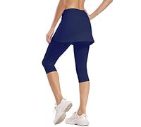 Ibeauti Leggings capri para mujer, con falda UPF 50+, para yoga, pantalones de tenis de golf, con falda, para correr, entrenamiento, activo, Azul marino/flor y brillo, Small