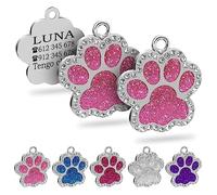 Ibera Gifts - 2 x Chapa Perro Grabada en Forma de Pata con Perdería y Purpurina, Placa Perro Personalizada para Perros y Gatos Pequeños y Medianos, Chapa Identificativa Perro y Gato (Rosa x 2)