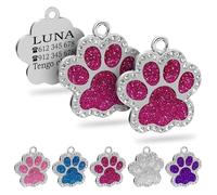 Ibera Gifts - 2 x Chapa Perro Grabada en Forma de Pata con Perdería y Purpurina, Placa Perro Personalizada para Perros y Gatos Pequeños y Medianos, Chapa Identificativa Perro y Gato (Fucsia x 2)