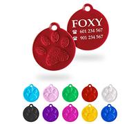 Ibera gifts - Chapa Identificación Redonda Personalizada para Perros y Gatos Medianos a Grandes - con huella - Placa Identificativa Mascota Grabada y Personalizadas con Nombre para Collar (Rojo)
