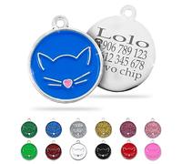 ibera gifts - Chapa Identificativa Gato en Forma Redonda con Cara, Chapa Nombre Gato para Gatos de Todos los Tamaños, Metal de Aleación, Collar Personalizado (Azul)