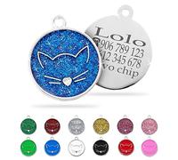 Ibera Gifts - Chapa Identificativa Gato en Forma Redonda con Cara de Gato, Chapa Nombre Gato para Gatos de Todos los Tamaños, Metal de Aleación, Collar Gato Personalizado (Azul purpurina)