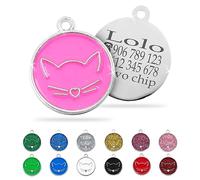 Ibera Gifts - Chapa Identificativa Gato en Forma Redonda con Cara de Gato, Chapa Nombre Gato para Gatos de Todos los Tamaños, Metal de Aleación, Collar Gato Personalizado (Rosa)