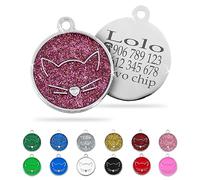 Ibera Gifts - Chapa Identificativa Gato en Forma Redonda con Cara de Gato, Chapa Nombre Gato para Gatos de Todos los Tamaños, Metal de Aleación, Collar Gato Personalizado (Fucsia purpurina)
