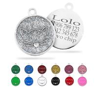 Ibera Gifts - Chapa Identificativa Gato en Forma Redonda con Cara de Gato, Chapa Nombre Gato para Gatos de Todos los Tamaños, Metal de Aleación, Collar Gato Personalizado (Plateado purpurina)