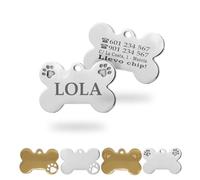 Ibera Gifts - Chapa Perro Grabada De Acero Inoxidable En Forma De Hueso, Tamaño 37 x 24 mm, Placa Perro Personalizada Para Perros Medianos Hasta Grandes (Gr. 2 Huellas)