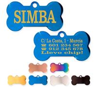 Ibera Gifts - Chapa Perro Grabada De Acero Inoxidable En Forma De Hueso, Tamaño 40 x 21 mm, Placa Perro Personalizada Para Perros Medianos Hasta Grandes (Hueso azul)