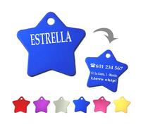 Ibera Gifts - Chapa Perro Grabada en Forma de Estrella para Perros y Gatos de Tamaño Mediano a Grande, Placa Perro Personalizada, Aluminio Brillante, Tamaño 36 x 36 mm (Azul)