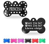 Ibera Gifts - Chapa Perro Grabada en Forma de Hueso con Pedrería, Placa Perro Personalizada para Perros y Gatos Medianos a Grandes, Tamaño 40 x 27 mm, Chapa Identificativa Perro y Gato (Negra)
