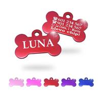 Ibera Gifts - Chapa Perro Grabada en Forma de Hueso, Placa Perro Personalizada para Perros y Gatos Grandes a Muy Grandes, XL, Tamaño 50 x 34 mm, Chapa Identificativa Perro y Gato (Rojo)