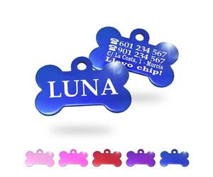 Ibera Gifts - Chapa Perro Grabada en Forma de Hueso, Placa Perro Personalizada para Perros y Gatos Grandes a Muy Grandes, XL, Tamaño 50 x 34 mm, Chapa Identificativa Perro y Gato (Azul)