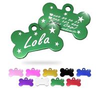 Ibera Gifts - Chapa Perro Grabada en Forma de Hueso, Placa Perro Personalizada para Perros y Gatos Medianos y Grandes, Tamaño 40 x 26 mm, Chapa Identificativa Perro y Gato (Verde con Estrellas)