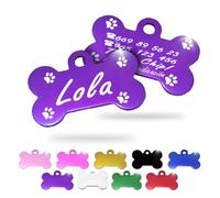 Ibera Gifts - Chapa Perro Grabada en Forma de Hueso, Placa Perro Personalizada para Perros y Gatos Medianos y Grandes, Tamaño 40 x 26 mm, Chapa Identificativa Perro y Gato (Lila Con Patas)