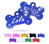 Ibera Gifts - Chapa Perro Grabada en Forma de Hueso, Placa Perro Personalizada para Perros y Gatos Medianos y Grandes, Tamaño 40 x 26 mm, Chapa Identificativa Perro y Gato (Azul con Estrellas)