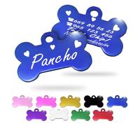 Ibera Gifts - Chapa Perro Grabada en Forma de Hueso, Placa Perro Personalizada para Perros y Gatos Medianos y Grandes, Tamaño 40 x 26 mm, Chapa Identificativa Perro y Gato (Azul con Corazones)