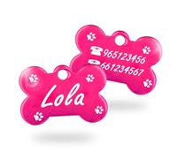 Ibera Gifts - Chapa Perro Grabada en Forma de Hueso, Placa Perro Personalizada para Perros y Gatos Muy Pequeños o Cachorros, Tamaño 22 x 15 mm, Chapa Identificativa Perro y Gato (Patas - Fucsia)