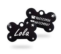 Ibera Gifts - Chapa Perro Grabada en Forma de Hueso, Placa Perro Personalizada para Perros y Gatos Muy Pequeños o Cachorros, Tamaño 22 x 15 mm, Chapa Identificativa Perro y Gato (Estrellas - Negro)