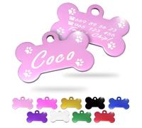 Ibera Gifts - Chapa Perro Grabada en Forma de Hueso, Placa Perro Personalizada para Perros y Gatos Pequeños y Medianos, Tamaño 30 x 20 mm, Chapa Identificativa Perro y Gato (Rosa con Patas)