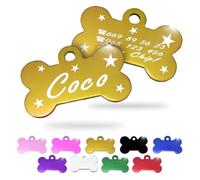 Ibera Gifts - Chapa Perro Grabada en Forma de Hueso, Placa Perro Personalizada para Perros y Gatos Pequeños y Medianos, Tamaño 30 x 20 mm, Chapa Identificativa Perro y Gato (Dorado con Estrellas)