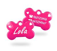 Ibera Gifts - Chapa Perro Grabada en Forma de Hueso, Placa Personalizada para Perros y Gatos Muy Pequeños o Cachorros, Tamaño 22 x 15 mm, Chapa Identificativa (Corazones - Fucsia)