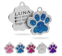 ibera gifts - Chapa Perro Grabada en Forma de Pata con Perdería y Purpurina, Placa Perro Personalizada para Perros y Gatos Pequeños y Medianos, Chapa Identificativa Perro y Gato (Azul)
