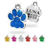 Ibera Gifts - Chapa Perro Grabada en Forma de Pata con Purpurina, Placa Perro Personalizada para Perros y Gatos Pequeños y Medianos, Tamaño 24 mm x 27 mm, Chapa Identificativa Perro y Gato (Azul)