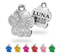 Ibera Gifts - Chapa Perro Grabada en Forma de Pata con Purpurina, Placa Perro Personalizada para Perros y Gatos Pequeños y Medianos, Tamaño 24 mm x 27 mm, Chapa Identificativa Perro y Gato (Plateado)