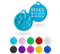 Ibera Gifts - Chapa Perro Grabada en Forma Redonda con Huella, Placa Perro Personalizada para Perros y Gatos Pequeños a Medianos, Tamaño 26 x 23 mm, Chapa Identificativa Perro y Gato (Azul claro)