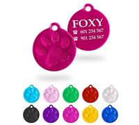 Ibera Gifts - Chapa Perro Grabada en Forma Redonda con Huella, Placa Perro Personalizada para Perros y Gatos Medianos y Grandes, Tamaño 36 x 32 mm, Chapa Identificativa Perro y Gato (Fucsia)