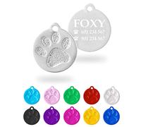 Ibera Gifts - Chapa Perro Grabada Redonda con Huella, Placa Personalizada para Perros y Gatos Medianos y Grandes, Tamaño 36 x 32 mm, Chapa Identificativa (Plateado)