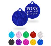 Ibera Gifts - Chapa Perro Grabada Redonda con Huella, Placa Personalizada para Perros y Gatos Pequeños a Medianos, Tamaño 26 x 23 mm, Chapa Identificativa (Azul)
