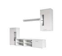 IBERA HOME Conjunto Muebles de Salón - 4 Piezas con Mueble TV, Vitrina, Estante y Módulo Alto - Diseño Moderno en Blanco o Sonoma - Melamina Resistente, Fácil Montaje (Blanco)