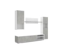 IBERA HOME Conjunto Muebles de Salón - Composición Moderna de 4 Piezas con Mueble TV, Vitrina Alta, Estante y Módulo Colgante - Disponible en Blanco con Cambria o Cemento (Blanco y Cemento)