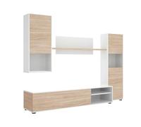 IBERA HOME Conjunto Muebles de Salón - Composición Moderna de 4 Piezas con Mueble TV, Vitrina Alta, Estante y Módulo Colgante - Disponible en Blanco con Cambria o Cemento (Blanco y Cambria)