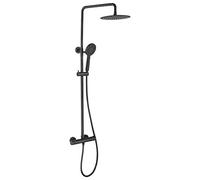 Ibergrif M21808B - Sistema de Columna de Ducha Termostática Redonda con Rociador, Alcachofa, Manguera, Barra Ajustable y Soporte, Negro