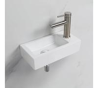 Ibergrif, M41102-R Lavabo de Cerámica Rectangular con 1 Orificio para Grifo, Lavabo de Mano Derecha Montado en la Pared, Tamaño Pequeño: 376 × 188 × 93 mm, Blanco