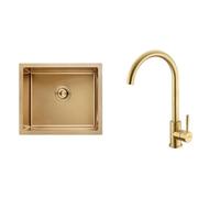 Ibergrif M85043G Fregadero de Cocina 50 x 43 cm Bajo o Sobre Encimera & GRIFEMA G4008Y - Grifo 360° Giratorio Monomando Agua Fría y Caliente, Amarillo