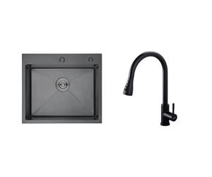 Ibergrif, M85545B Fregadero sobre Encimera con Filtro de Drenaje y 2 Agujeros de Montaje, Acero Inoxidable, 50 x 43 cm, Negro & M22136B Grifo Cocina Extraible, Mezclador de Fregadero con 3 Modos