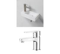 Ibergrif Set de Baño Eficiente: Lavabo de Cerámica de Pared (Mano Izquierda, 376 x 188 mm) y Grifo Monomando M11357 con Tecnología Cold Start (Altura 64 mm), Apertura en Frío, Ahorro de Energía y Agua