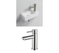 Ibergrif Set de Baño: Lavabo de Cerámica de Pared (Mano Derecha, 376 x 188 x 93 mm) y Grifo Monomando de Latón Cromado M11103, Aireador de Silicona Anti-cal, Cartucho Cerámico de Alta Precisión, Conex